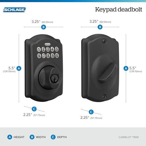 Image of Schlage Camelot Electronic Keypad Deadbolt Lock, Keyless Front Door Entry, Mechanical Key Backup Included, Matte Black, BE365 CAM 622