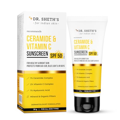Dr. Sheth's Ceramide & Vitamin C Sunscreen | In-Vivo Tested | SPF 50+ Pa++++ | Healthy Glow | Non-Greasy, Quick-Absorbing | Women & Men | All Skin Types, 30G