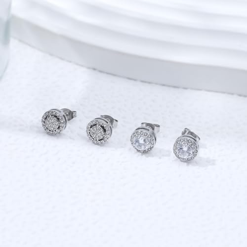 Image of NEWITIN 2 Pairs Silver Stud Earrings for Women Hypoallergenic Earring Stainless Steel Inlaid Cubic Zirconia Studs Earring Diamond Halo Stud Earrings for Women Men