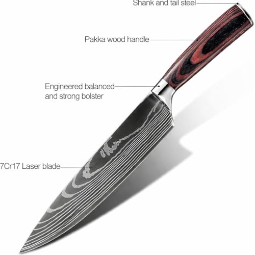 Image of Professional Chef Knife - 8 Inch Japanese Style Kitchen Knife with Hammered Stainless Steel Blade & Wood Handle-Ultra Sharp Multipurpose for Vegetables & More (Megnet Box)