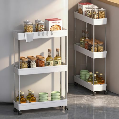 FANDHY キッチンワゴン 隙間収納 収納カート 小物収納 13cm キャスター付き 調味料ラック 3層 多用途 オープンシェルフ 台所 バスルーム リビングルーム スリム ファッション (ホワイト, 幅13cm - 3層)