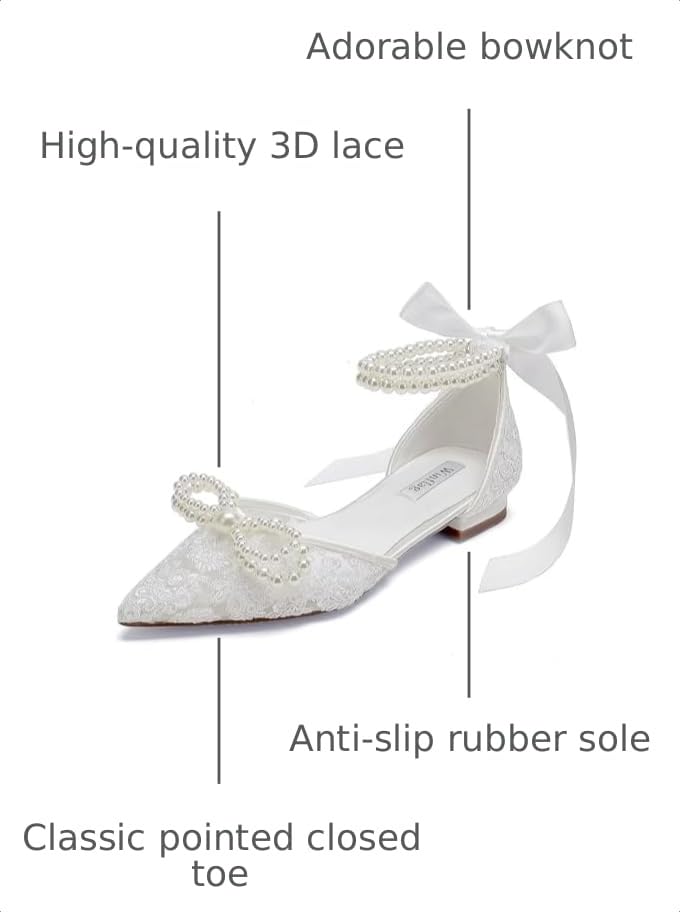 Image of Pearl Wedding Shoes for Bride Flat Lace Bride Shoes Pointed Toe Bridal Flats