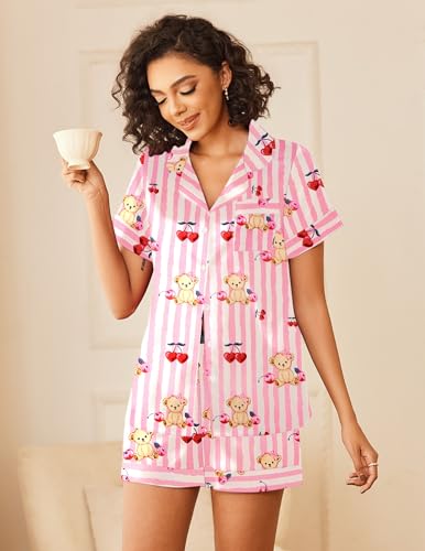 Image of Ekouaer Womens Silk Satin Pajamas Sets 2 Piece Short Sleeve Sleepwear Button Down Top and Shorts Pjs Lounge Wear Sets,Teddy Cherry Print,M