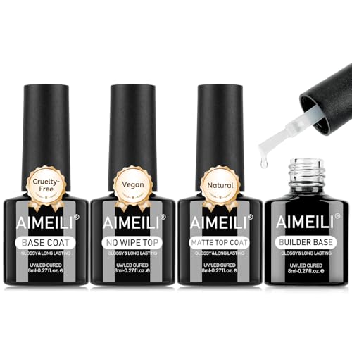 AIMEILI Gel Nail Polish 4pcs, Soak Off U V LED Nail Art Kit for Women Girl - Base Coat, No Wipe Top Coat, Matte Top, Builder Nail Gel