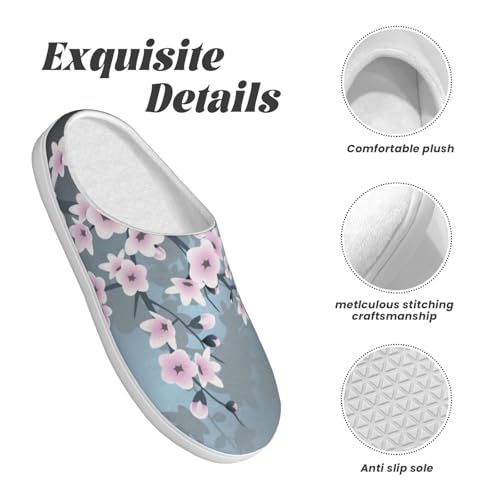 Floral Cherry Blossom Dusty Pink Blue Full Print Flannel Slippers，Soft Warm Upper, Anti-Slip TPR Sole, for Casual Use4