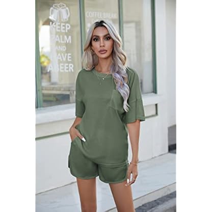 Andeip Pajamas Womens Waffle Knit Lounge Set Short Sleeve Top and Shorts 2 Piece Loungewear Outfits Pj Sets with Pockets - Image 3