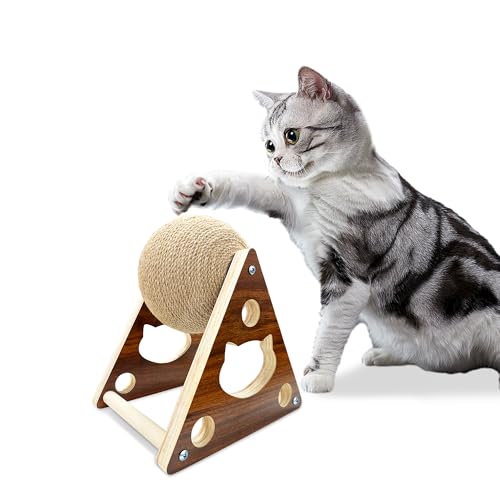 Rascador para gatos bola de sisal natural y madera pequeña miniatura 1