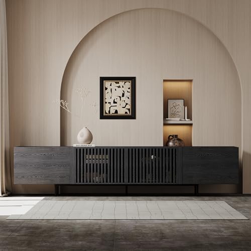 Upwivkre black media console with fluted doors and adjustable shelves