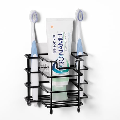 Linkidea Wall Mount Toothbrush Holder for Shower, Stainless Steel Tooth Brush Stand, Countertop 3 Slots Organizer Compatible with Colgate Extra Clean, Oral-B CrossAction (Black)