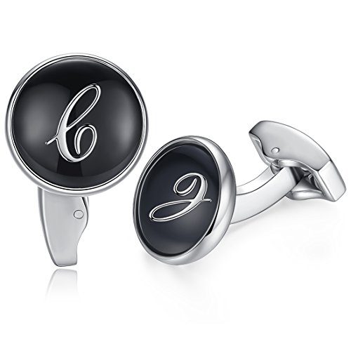 HONEY BEAR Initial Alphabet Letter Cufflinks Round for Mens Wedding Gift C Black