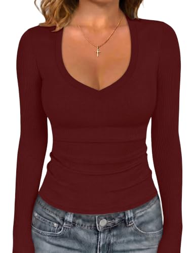Sampeel Long Sleeve Shirts for Women 2026 Fall Fashion V Neck Tops Slim Fit Wine Red