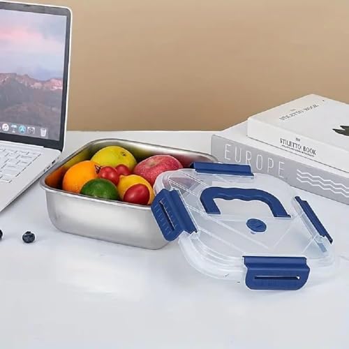 Image of Tanjiae Stainless Steel Lunch Box with Lid and Lock Clips, 1500ml Food Storage Container with Handle and Clear Top, Square Metal Food Container for Kitchen and Meal Storage (1PCS)