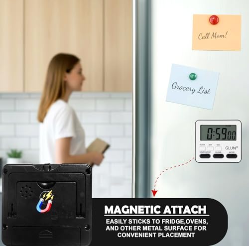 Image of GLUN Digital Kitchen Timer with Clear Loud Alarm for Cooking, Stop Watches Timer Clock with Alarm & Magnetic Back, LCD Backlit Display, Classroom for Kids & Teachers Black Back