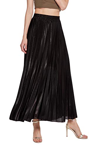 GRASWE Womens Elastic-Waist Accordion Pleated Metallic Long Party Skirt Black XL