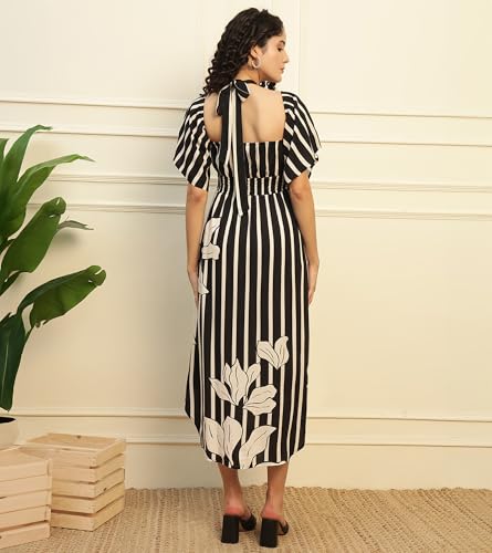 Image of DEEBACO Solid Rayon A-Line Slit Dress for Women's|Off Shoulder Short Bell Sleeve Maxi Dress with Pockets|Summer Western Party Casual Wear Dress for Ladies