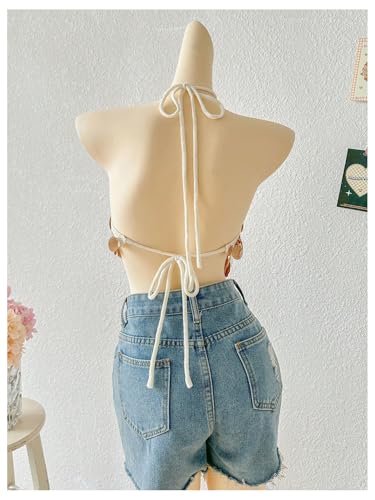 MakeMeChic Women's Summer Y2K Party Halter Tops Pearl Beaded Sequin Sweater Knitted Crop Tops2