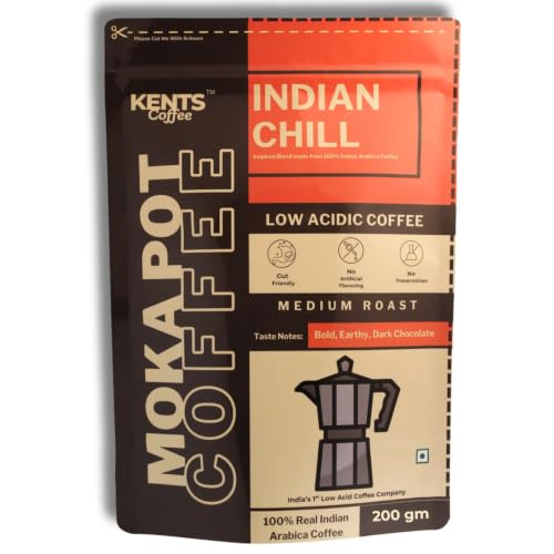 Image of Kents Coffee Indian Chill - Medium Roast | LOW ACIDIC COFFEE | FOR MOKA POT, DRIP MACHINE, AEROPRESS, SOUTH INDIAN FILTER | Medium Fine Grind | 100% Arabica Coffee | Earthy, Dark Chocolate Notes | Chikmagalur Single Estate | Washed Arabica Beans | 200gm