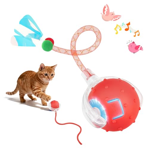 OCCOUMR Pelota Eléctrica Interactiva para Gatos con 3 Modos, Voces de Pájaros, 2 Cuerdas de Cola y Luz LED, Carga USB, Movimiento Irregular de 360°