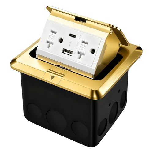 JACEPFY Floor Pop Up Outlet, Pop Up Waterproof Floor Electrical Box with 4.8A USB Chargers and 2 Outlet Receptacle Stainless Steel (Type-C Golden 1pack)