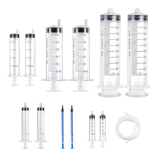 12 Piezas Jeringuillas 1ml/5ml/10ml/20ml/60ml/100ml, Jeringa Dosificadora con Manguera de 110cm, Jeringuilla Grande, Jeringa Aceite Coche, Jeringa sin Aguja para Laboratorio, Riego de Jardín,Industri