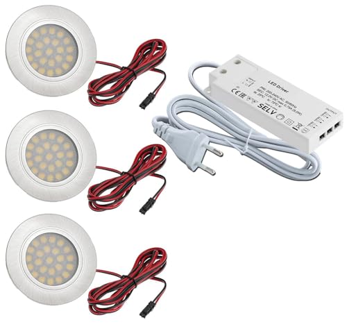 JungesLicht 3 x Set de LED meuble plat - Spot encastré Tim 2 Watt 12 V - Blanc chaud + transformateur LED 15 W + Distributeur AMP