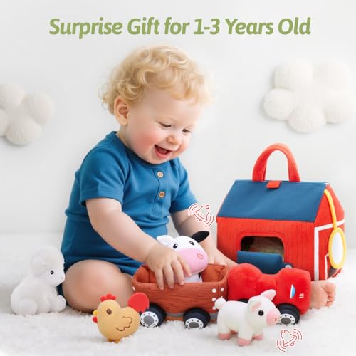 Image of OUOZZZ Farm Stuffed Animals Sensory Toys Set for Toddlers 9.4 inch Playhouse | Soft Sensory Tractor Plush, Animal Friends with Bell Sound, Activity Mat, Portable