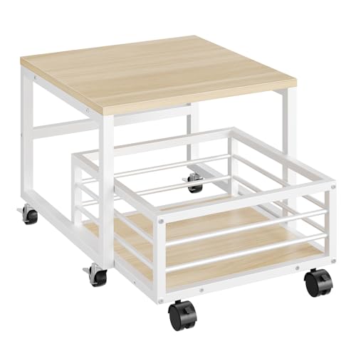 HOOBRO End Table, Mini Fridge Stand with Storage, Mini Fridge Table with Wheels and Adjustable Feet, Sturdy Metal Frame, for Living Room, Bedroom, Office, White and Natural WN155TL01