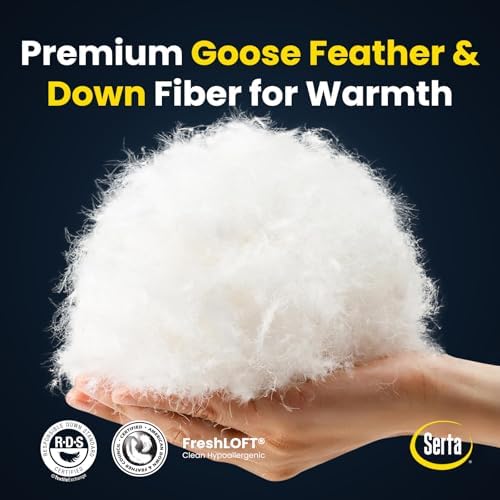Serta Goose Feather Down Fiber Cotton Comforter Queen Size - 100% Cotton Duvet Insert - Hotel Luxury Hypoallergenic Bedding Comforter Extra Warmth 90 x 90 Inch White