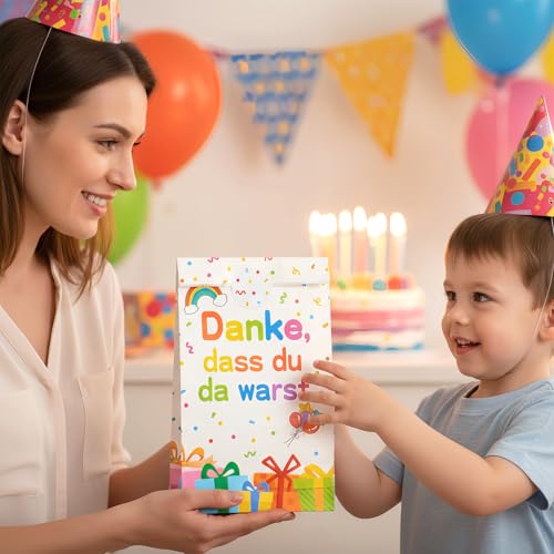 16 Stück Geschenktüten Kindergeburtstag, Mitgebsel Tüten mit 24 Aufklebern, Papier Geburtstagstüten Kinder 9.45\ x 5.12\ x 3.15\, Geschenktüten Klein für Mitgebsel Kindergeburtstag, Hochzeit, Party