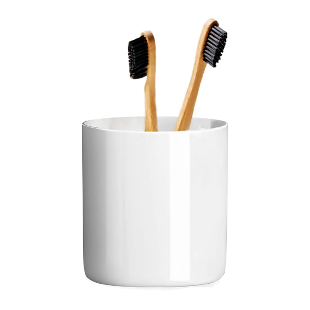 Louie Silna Round White Ceramic Toothbrush Holder, Toothpaste Organizer, Suitable For Bathroom Countertops, Can Also Be Used As A Mug (White)