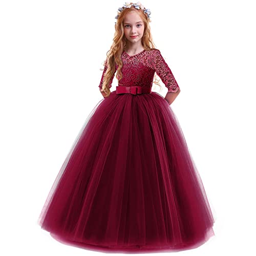 Beziun Wedding Girls Child Clothes Bowknot Dress Lace Princess Formal Flower Girl Performance Easter Dress For (Wine, 170) #TOP1
