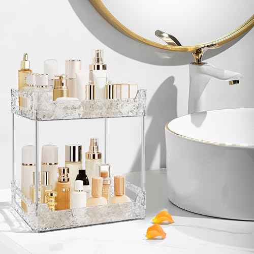 Image of 2-Tier Bathroom Counter Organizer Countertop Storage, Dresser Organizer Vanity Tray for Makeup, Perfume Organizer Cosmetics Skincare Shelf - Clear