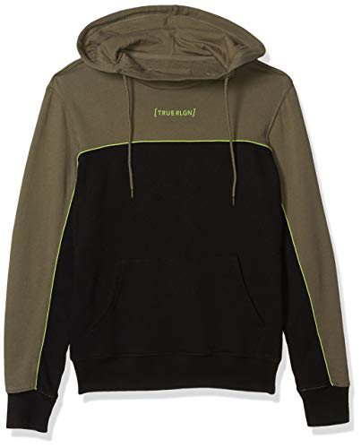 True Religion Men's Long Sleeve Pullover Hoodie, Black/MLTRY Green, S