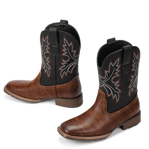 Image of Lumeheel Cowboy Boots for Men - Western Men's Boots with Classic Embroidered, Slip on Square Toe Boots, Slip Resistant Country Boots Chunky Heel Ankle, Durable Short Boots for Spring Fall