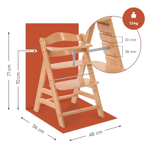 hauck Alpha+, Natural - Rastuća drvena visoka stolica od bukve za djecu od 6 mjeseci do 90 kg - Uključuje pojas u 5 točaka, remen za međunožje, zaštitnu šipku - Kompatibilan s mnogim dodacima