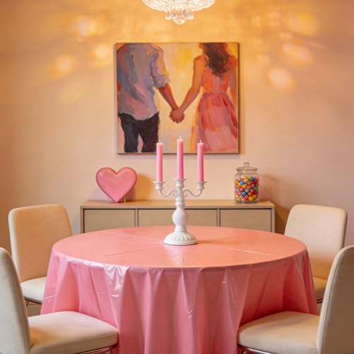 Image of CIEOVO 12 Pcs Valentine's Day Plastic Tablecloths, Disposable Round Red Pink Table Cover 84 Inch Waterproof Table Covers for Valentine's Day Family Wedding Birthday Bridal Shower Party Decorations