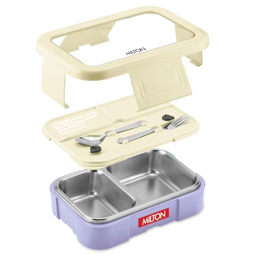 Image of MILTON Ethan 2 Inner Stainless Steel Tiffin Box for School, 2 Partition, Steam Release Plug | PU Insulated, Leak-Proof, Food Grade I Lunch Box for Kids Boys, Girls with Snap Lock Lid, 650 ml, Beige