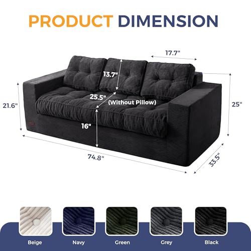 Image of MAXYOYO Loveseat Sofa Couch, Upholstered Bean Bag Chair Cloud Seat for Adults, Boneless Couch with Cushion & Pillows, Sofa in A Box, No Assembly Required, Corded Black, 3-Seat