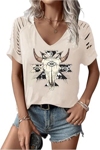 Women's Cut Out V Neck T-Shirts Boho Floral Graphic Tee Summer Co...
