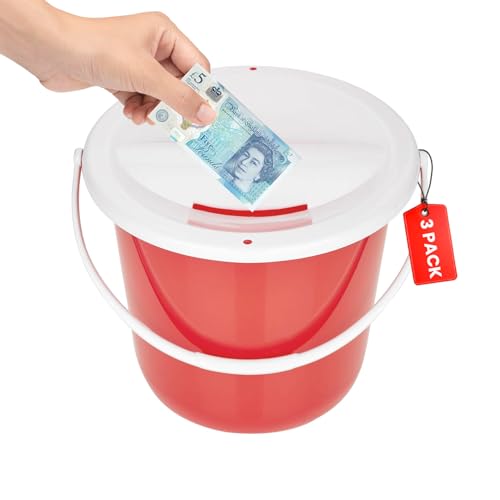 Plastic Coin Collection Bucket with Removable lid and Handle Charity Donation Collection Money Box Pail for Fundraising with top Slot for Tickets raffles and Money (Red) Pack of 3