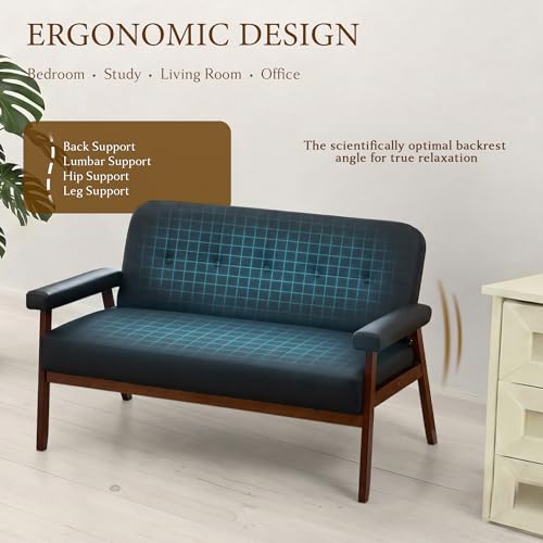 Image of STHOUYN 50 inchW Black Faux Leather Small Office Couch Loveseat Sofa with Wood Arms, Mid Century Modern Love Seat Sofas Lounge Armchair Living Room Bedroom (Black (loveseat))