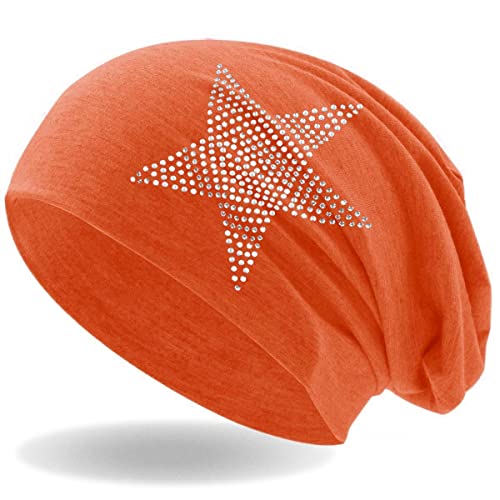 Hatstar Strass Stern Damen Beanie Mütze | elastisches Slouch Long Beanie | Mädchen Mütze | mit edler Strass Applikation | leicht und weich (orange)