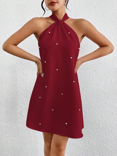 Image of Floerns Women's Pearl Beaded Halter Twist Sleeveless Tie Back Dress A Line Dress