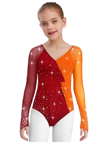 Hedmy Leotardo de Ballet Bodies Danza para Niñas de Manga Larga Maillot Baile con Piedras Brillantes Coloridos Body de Gimnasia Rítmica Naranja 5-6 años