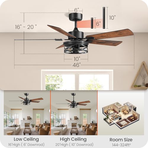 Image of 46 Inch Farmhouse Ceiling Fan with Lights and Remote, Timer, Dual Finish 5 Blades (Walnut and Black), 6 Speeds, Reversible DC Motor, Rustic & Industrial Caged Ceiling Fan for Bedroom FB01CF4605