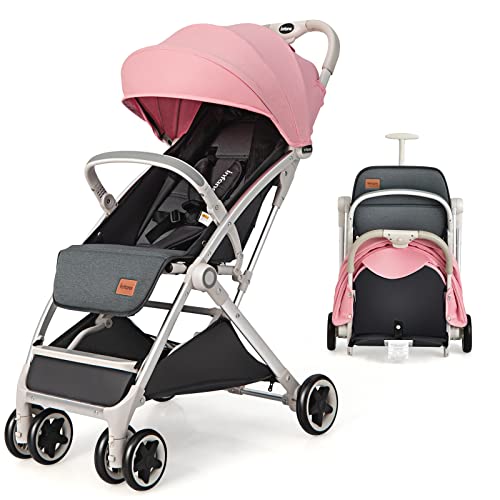 INFANS Lightweight Baby Stroller, Compact with One-Hand Fold, Travel Stroller for Airplane with Cup Holder, 5-Point Harness, Foot Cover, Canopy, Infant for 0-36 Month (Pink)