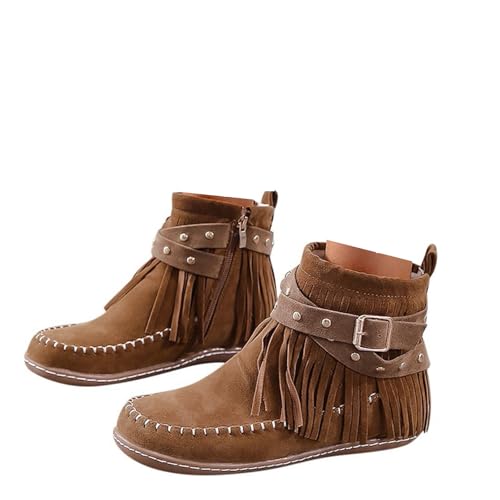 Memmyly Indische Damenstiefel, Fransen, Ankle, Stiefeletten, flach, bequem, niedrig, Boho-Stil, mit Reißverschluss, für den Alltag, weiche Sohle, A1, Braun, 39 EU