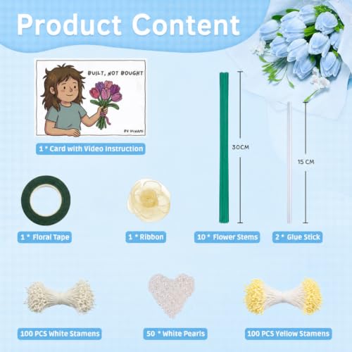 Image of YUNAMI Chenille Stems for DIY Flower Making - 200 Pcs Pipe Cleaners with Floral Wire, Tape, Stamen & Pearls - Premium Bouquet Supplies for Home Decor & Gifting (200, Blue)