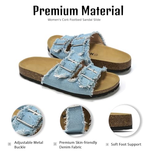 Women's Cork Sandals with Two Buckles Adjustable Straps, Arch Support Summer Fashion Denim Slippers, Comfortable Beach Flat Dressy Slip On2