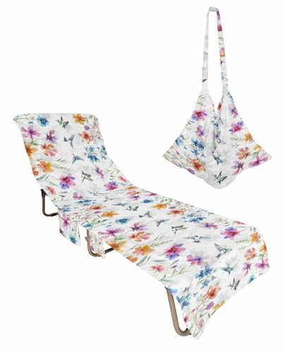 Colorful Spring Floral Beach Lounge Chair Towel Cover, Soft Chaise Lounge Towel with Side Pockets Patio Pool Chairs Cover for Beach/Pool Sunbathing 29x85 Summer Botancial Watercolor Birds